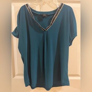 Chic Teal V-Neck Blouse with Embellished Trim